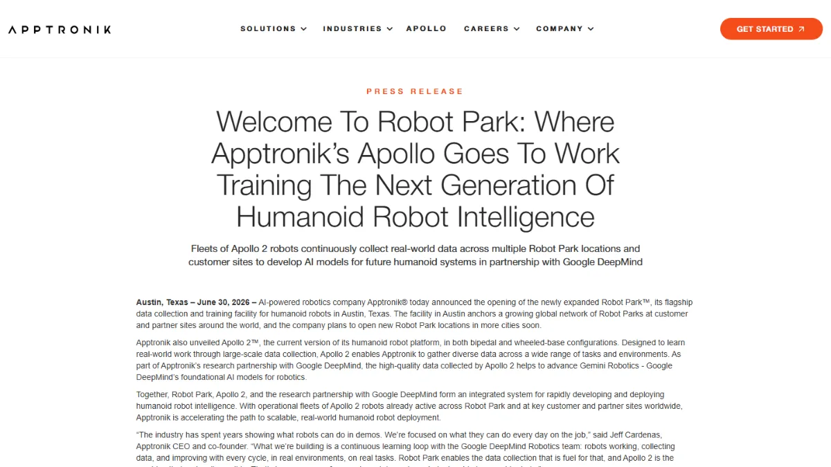 Screenshot of Welcome to Robot Park: where Apptronik’s Apollo goes to work, Apptronik · June 2026