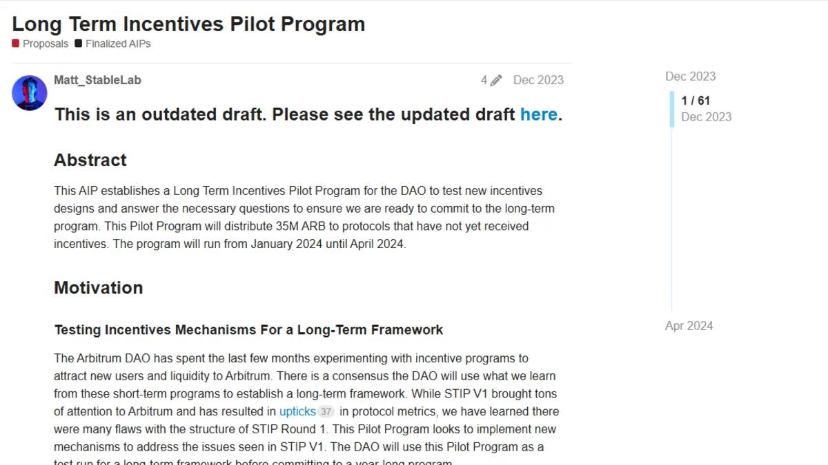 Screenshot of Long Term Incentives Pilot Program, Arbitrum DAO forum · December 2023