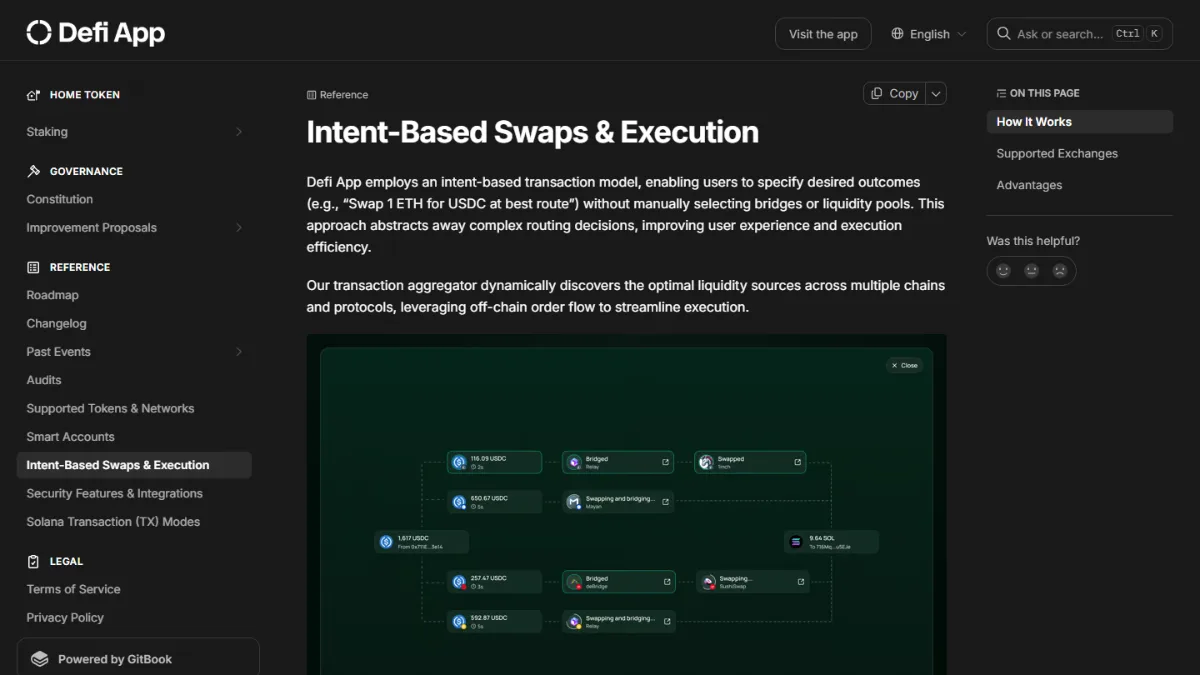 Screenshot of Intent-based swaps and execution, Defi App documentation