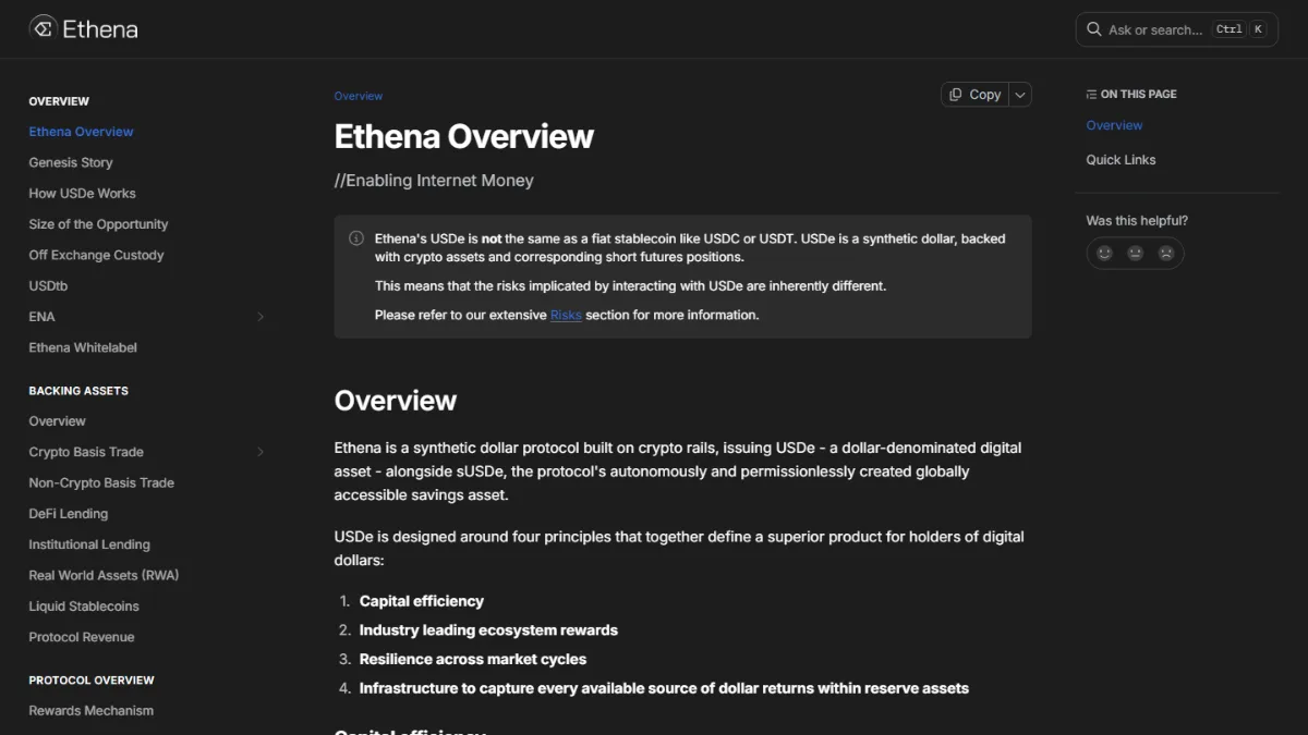 Screenshot of USDe overview, Ethena documentation