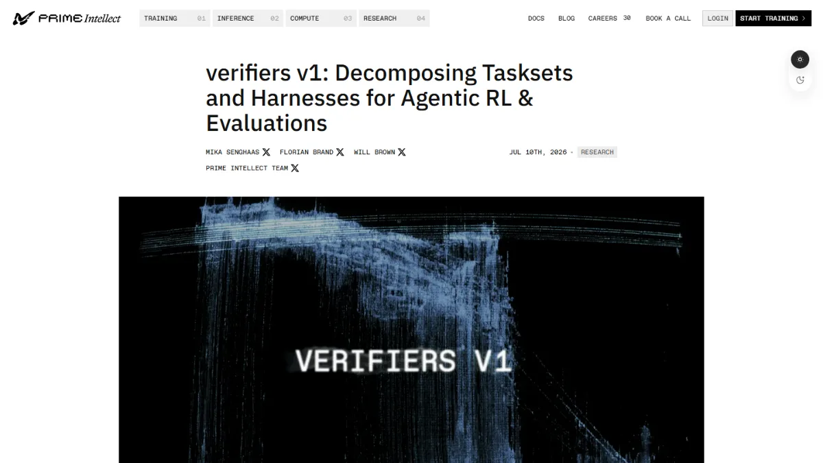 Screenshot of verifiers v1: decomposing tasksets and harnesses, Prime Intellect blog · July 2026