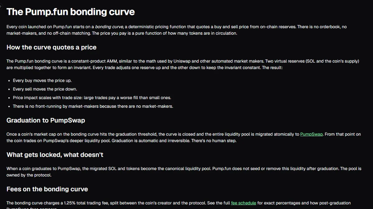 Screenshot of The pump.fun bonding curve, pump.fun docs